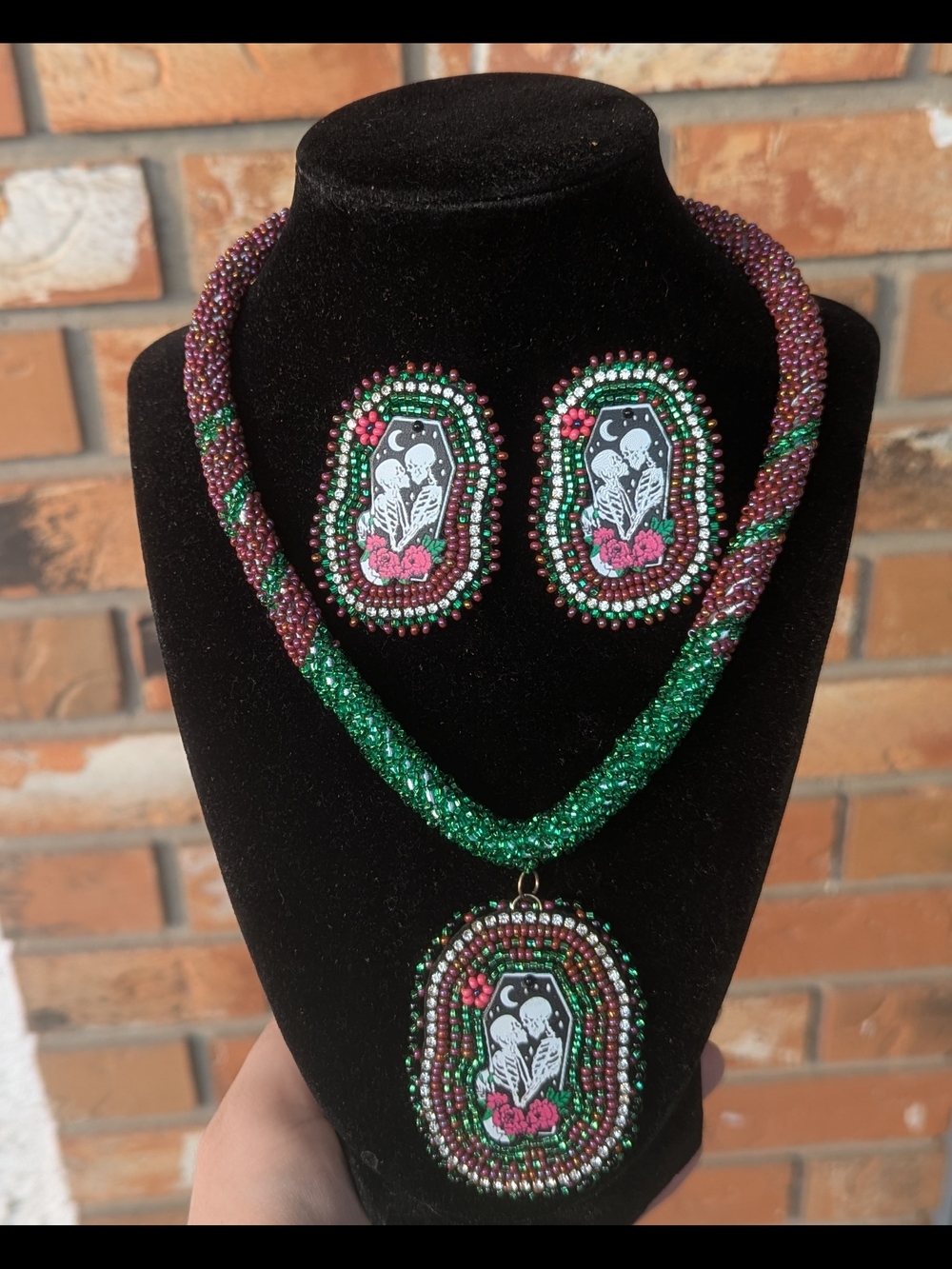 Handmade Green and Pink Beaded Necklace with Matching Earrings - Picture 1 of 1